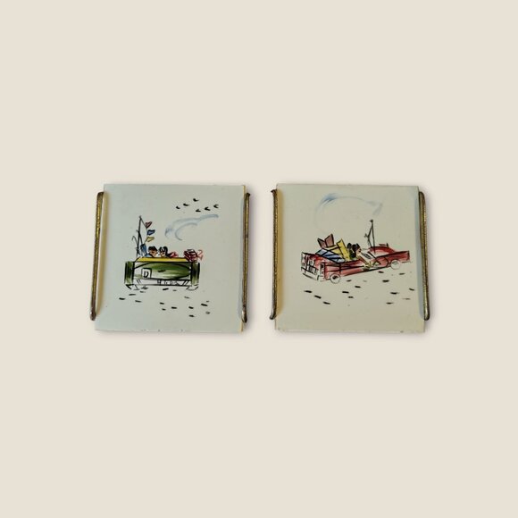 Vintage Miniature Hand Painted Ceramic Coasters Set Of 2 With Vintage Car Desig - Picture 11 of 11